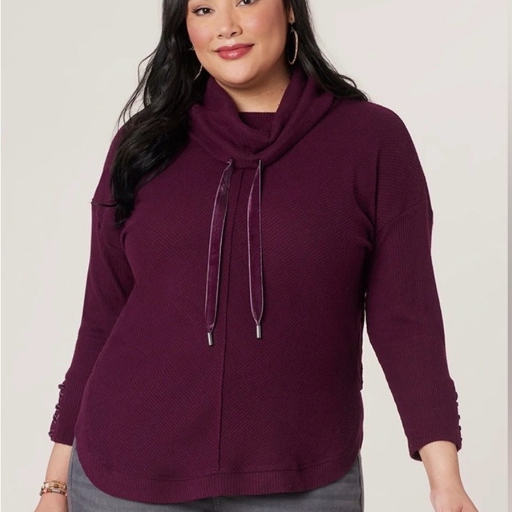 Democracy Cowl Neck Waffle Knit Pullover Sweater | Burgundy | NWT | XL